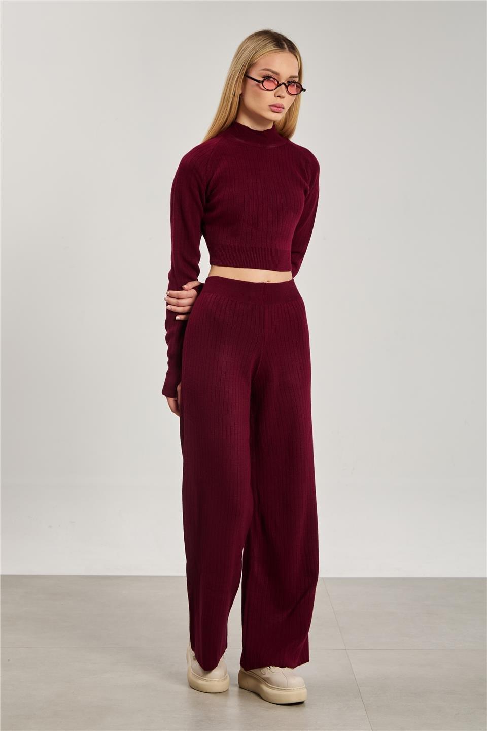 Crop kazak pantolon ikili takım-6478 - Bordo