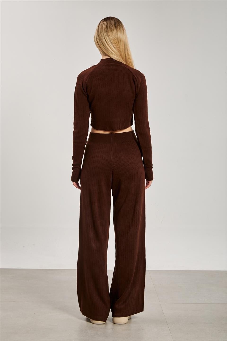 Crop kazak pantolon ikili takım-6478 - Kahve