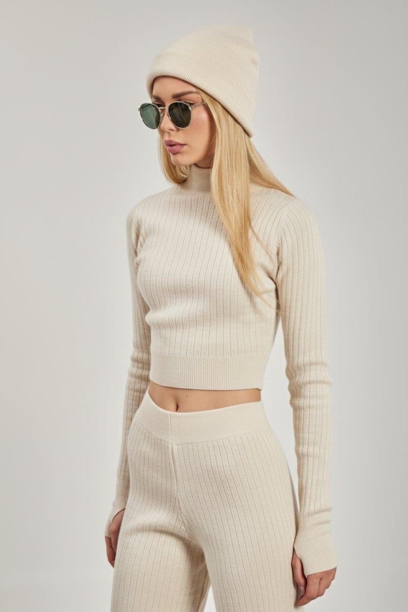 Crop kazak pantolon ikili takım-6478 - Taş