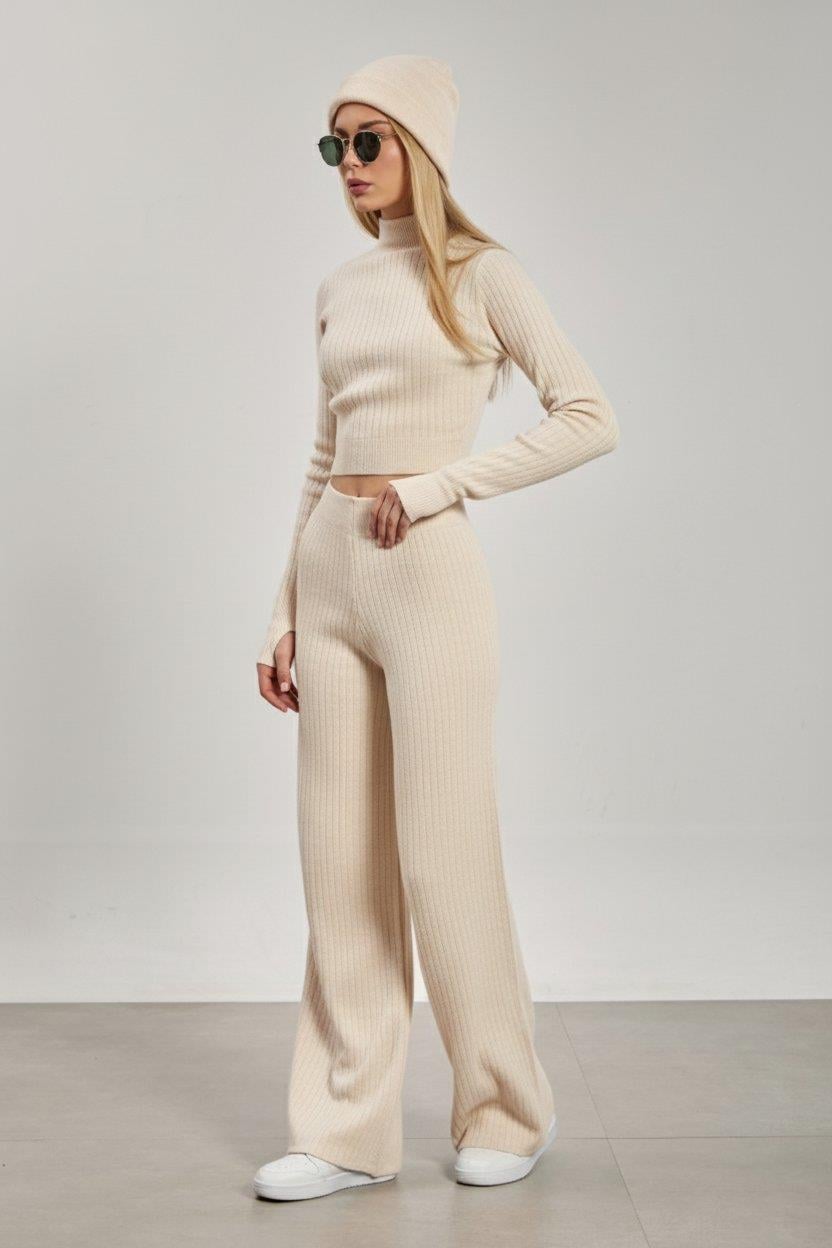 Crop kazak pantolon ikili takım-6478 - Taş