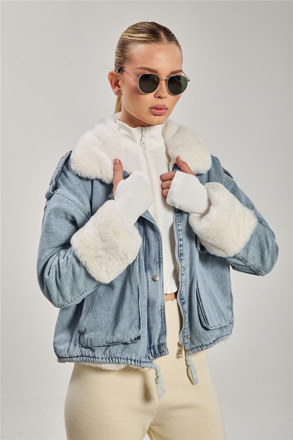Denim içi kürk detaylı mont-2241 - Ekru