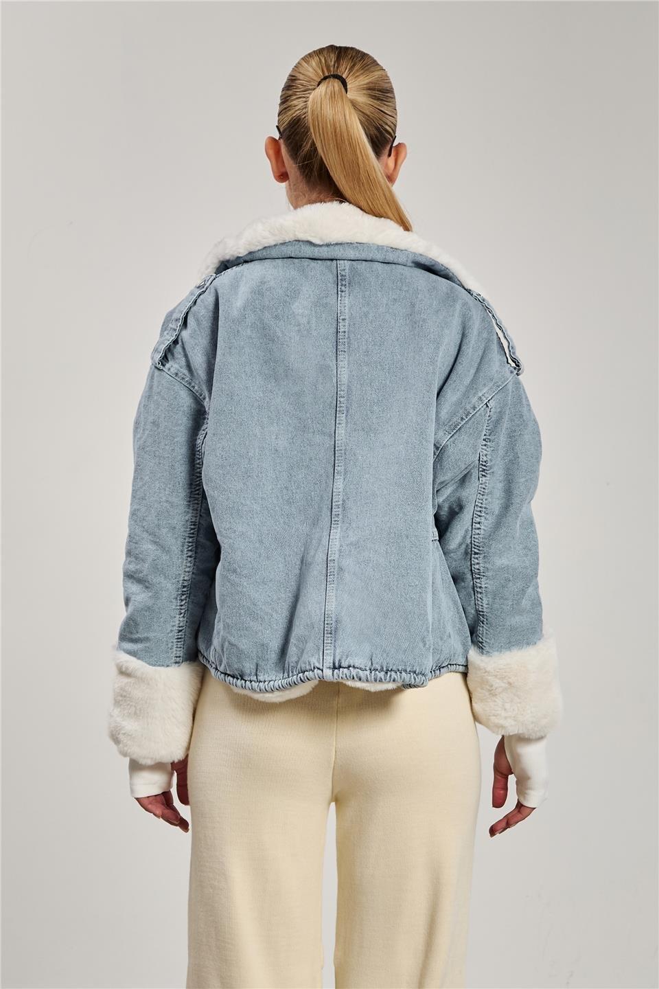 Denim içi kürk detaylı mont-2241 - Ekru