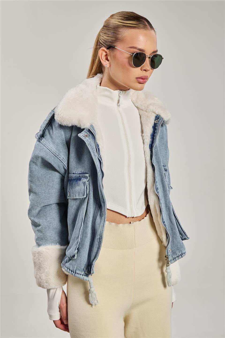 Denim içi kürk detaylı mont-2241 - Ekru