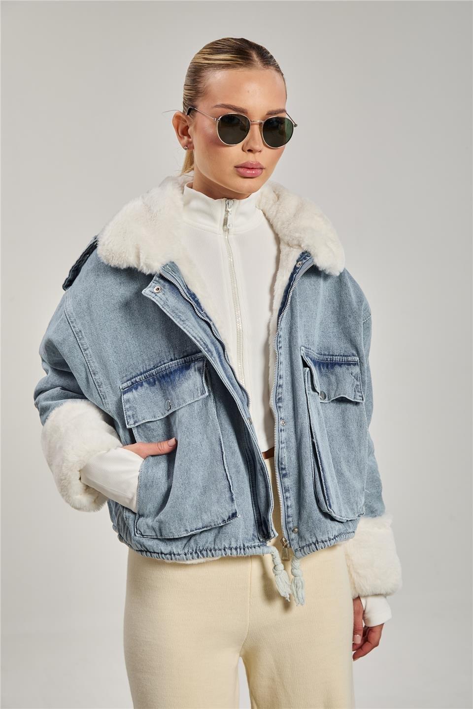 Denim içi kürk detaylı mont-2241 - Ekru