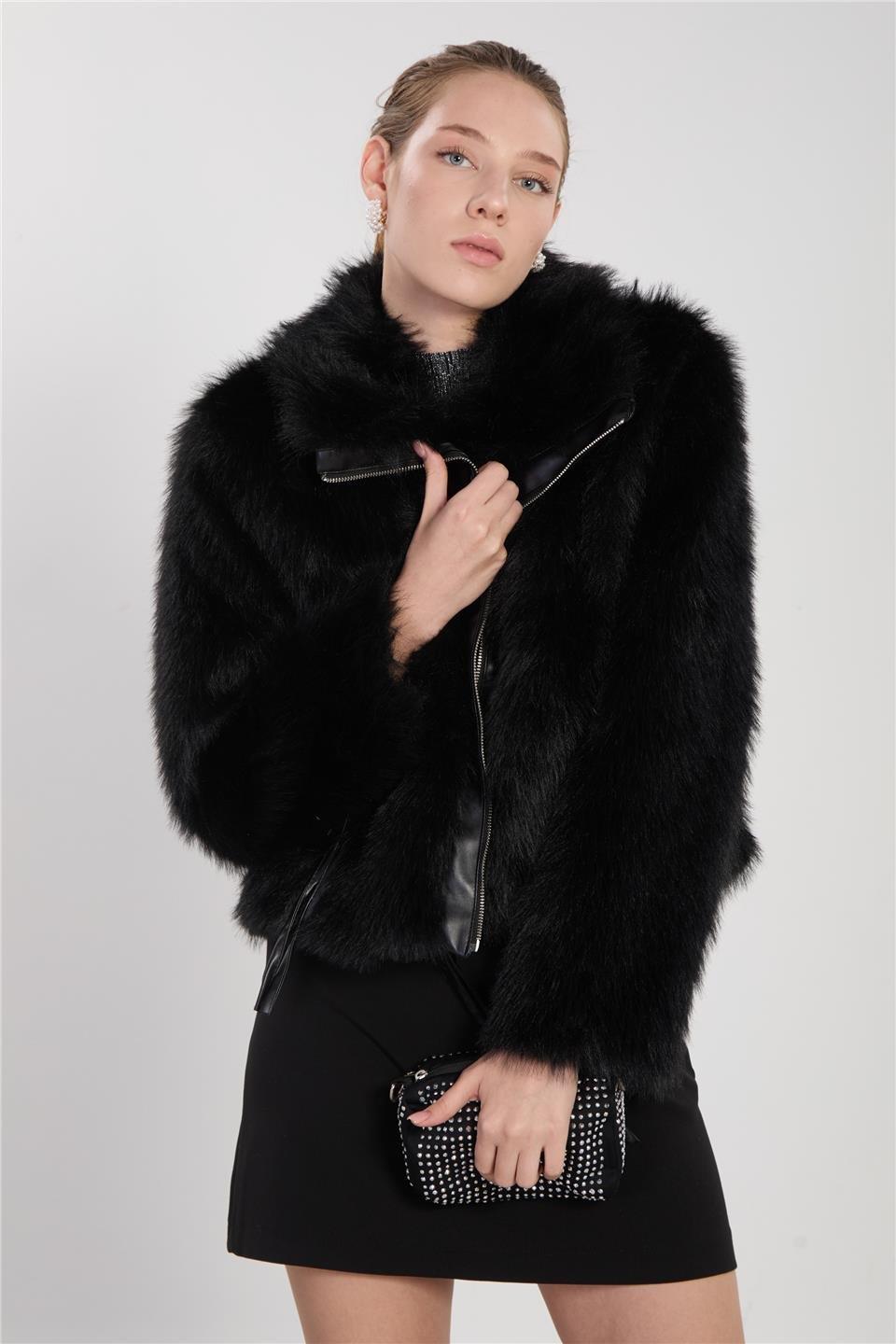 Deri detaylı peluş mont-2709 - Siyah