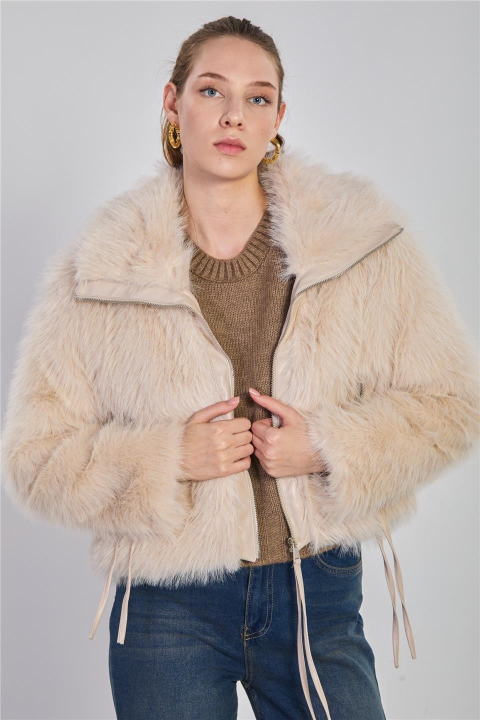 Deri detaylı peluş mont-2709 - Taş