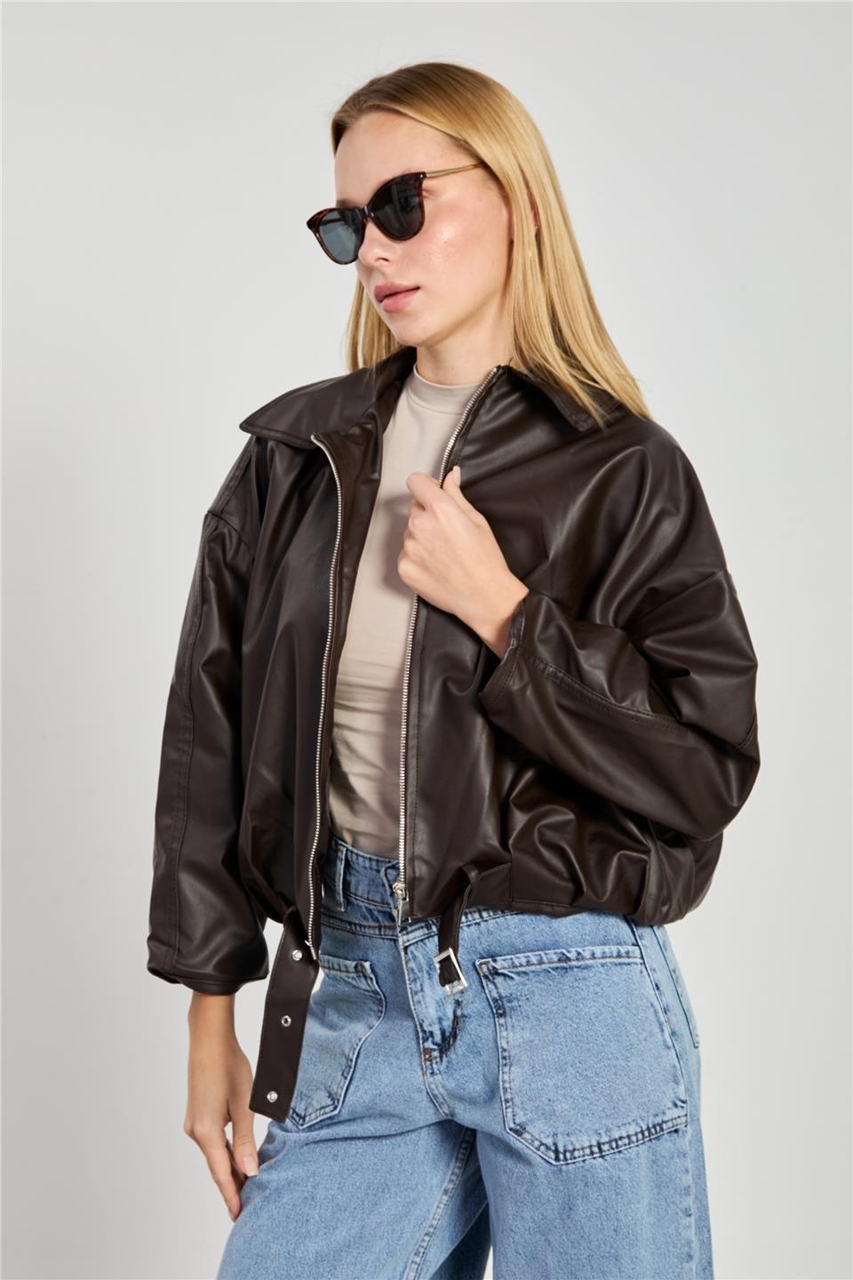 Deri görünümlü oversize ceket-2788 - Acı Kahve