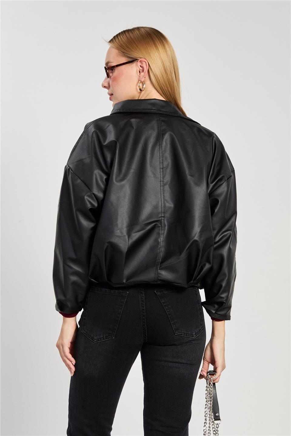 Deri görünümlü oversize ceket-2788 - Siyah