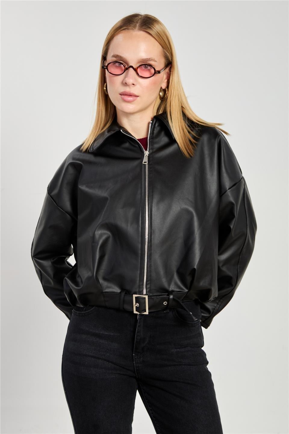 Deri görünümlü oversize ceket-2788 - Siyah