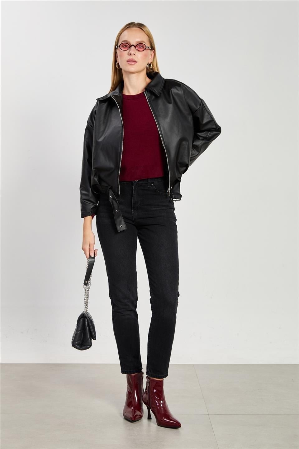 Deri görünümlü oversize ceket-2788 - Siyah