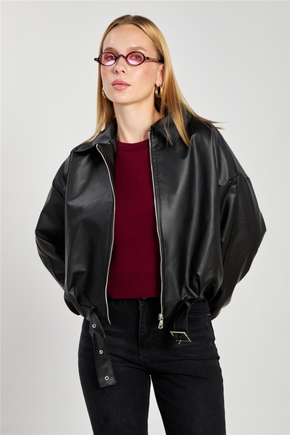 Deri görünümlü oversize ceket-2788 - Siyah