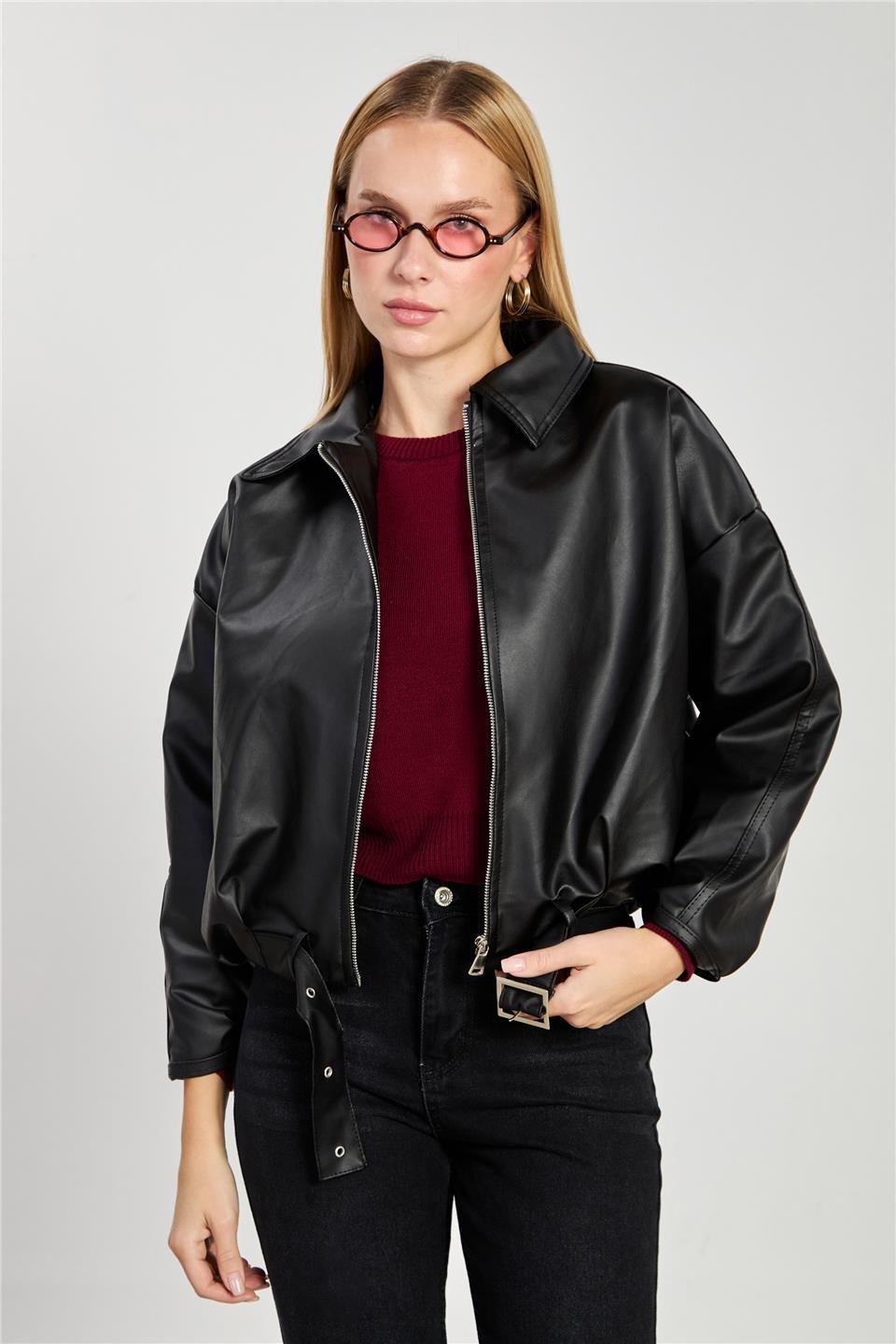 Deri görünümlü oversize ceket-2788 - Siyah