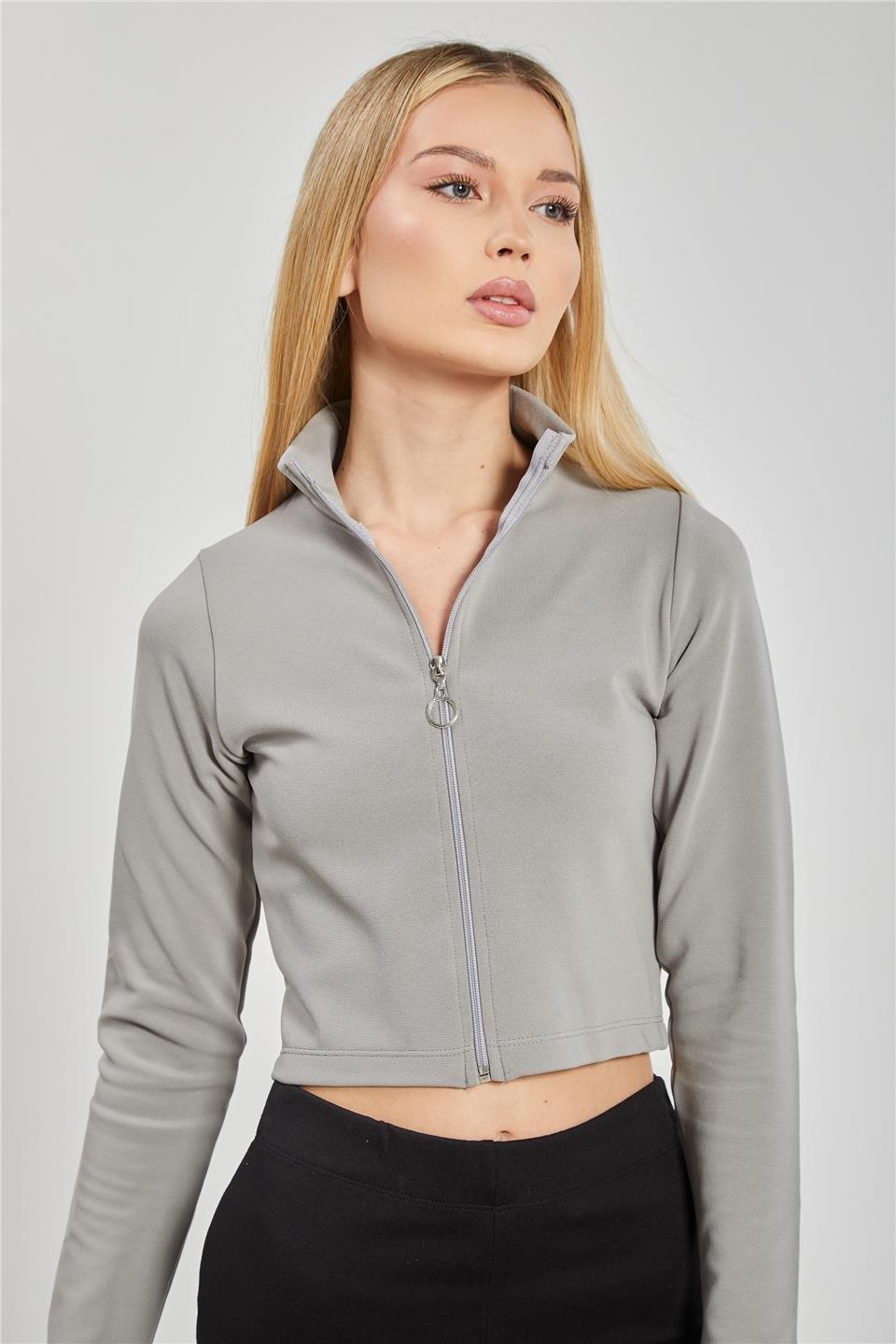 Dik yaka fermuarlı body-612-31 - Gri