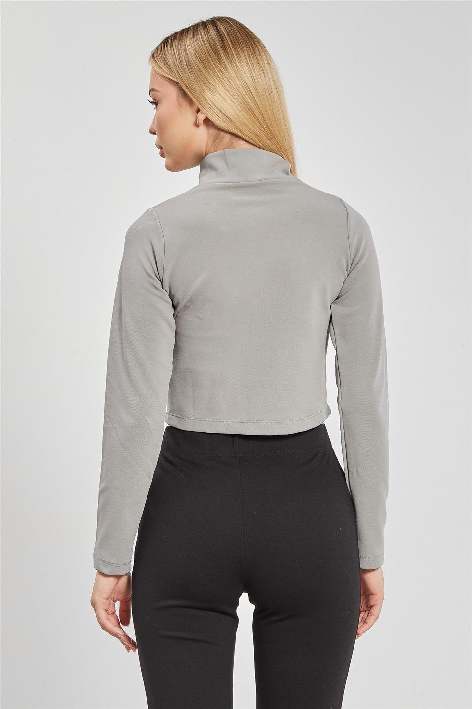 Dik yaka fermuarlı body-612-31 - Gri
