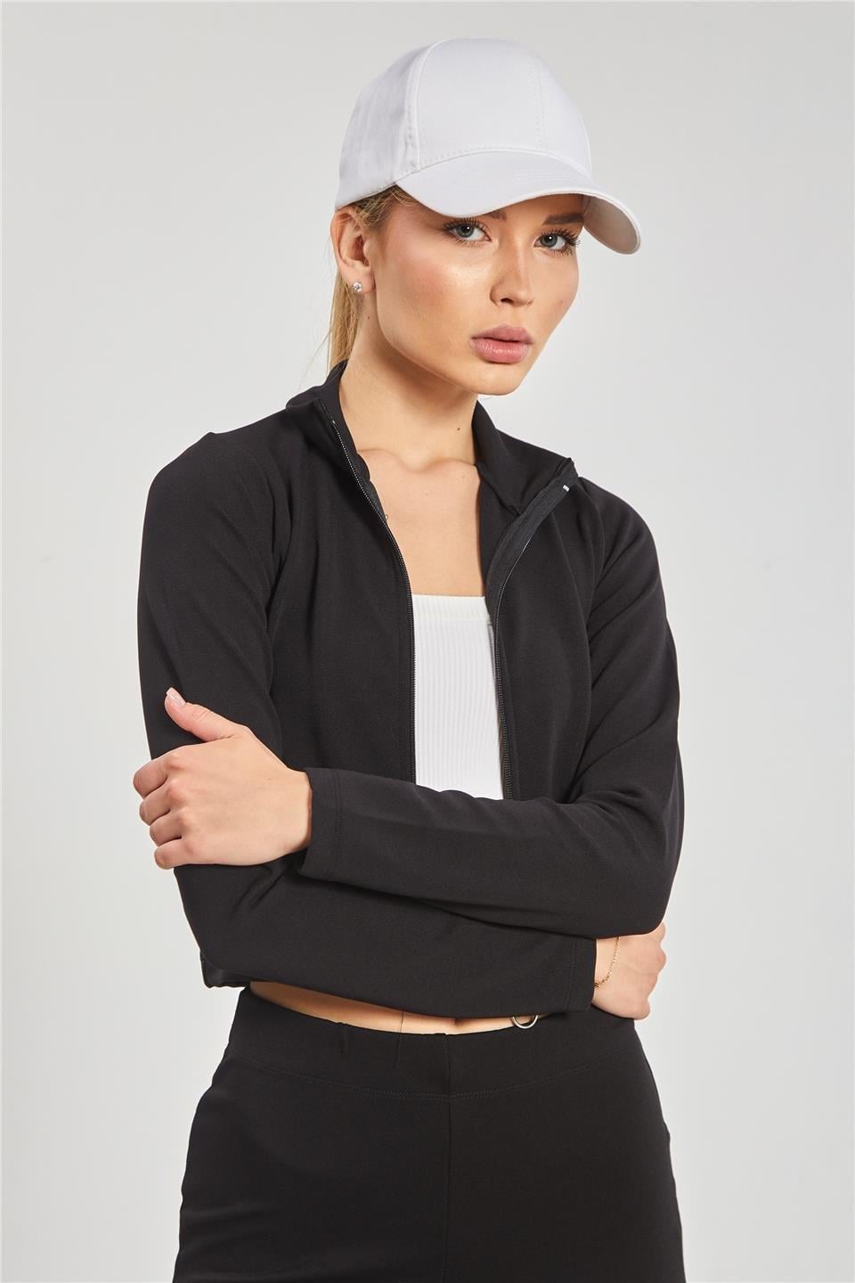 Dik yaka fermuarlı body-612-31 - Siyah