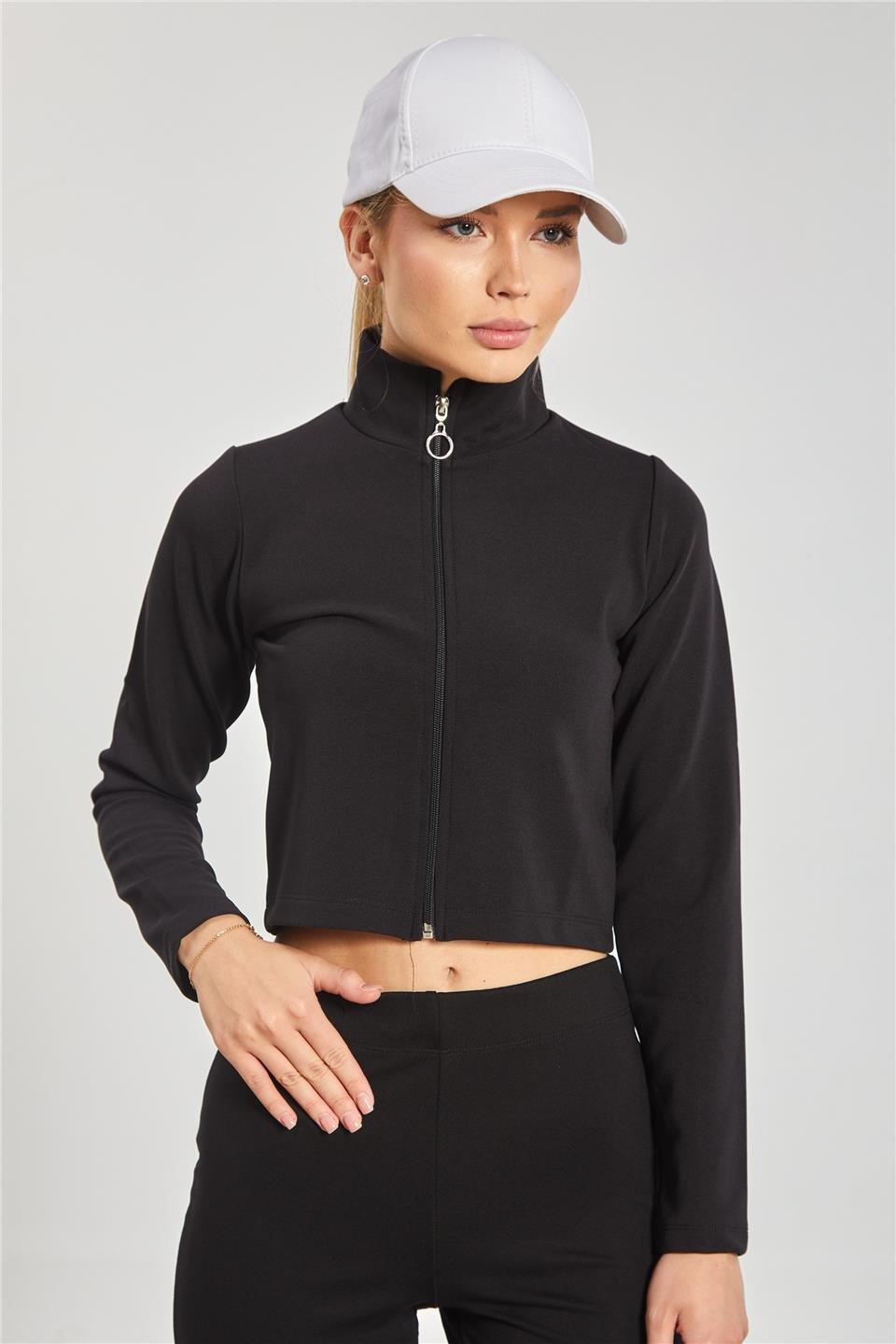 Dik yaka fermuarlı body-612-31 - Siyah