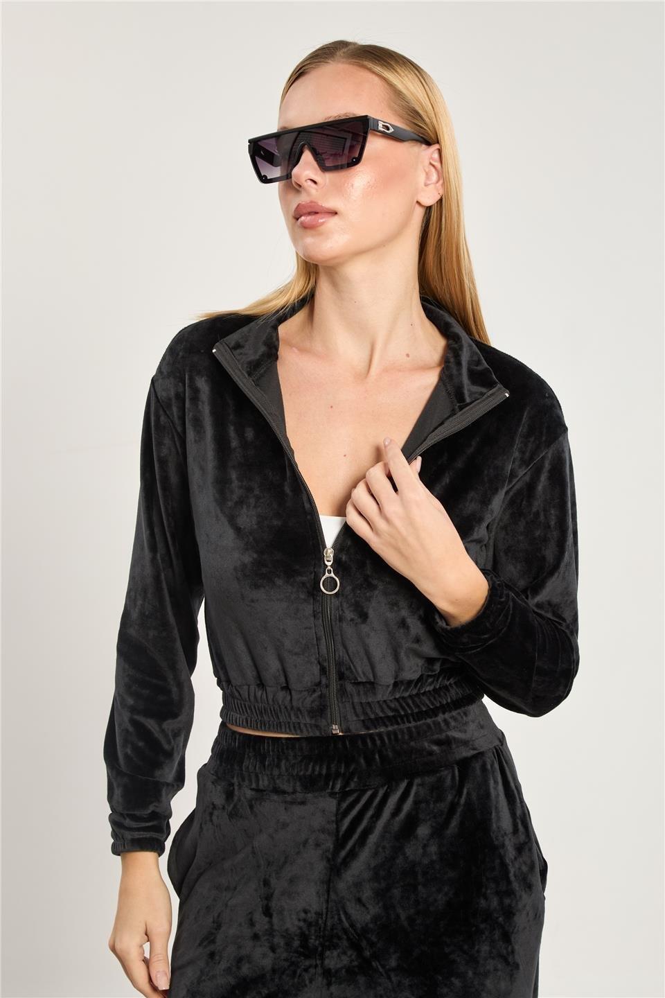 Dik yaka fermuarlı kadife sweatshirt-2659 - Siyah