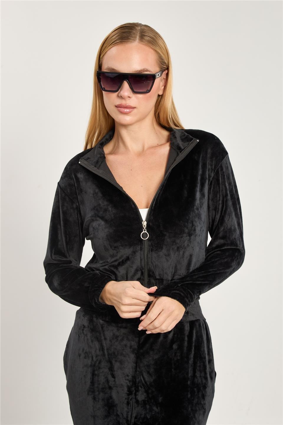 Dik yaka fermuarlı kadife sweatshirt-2659 - Siyah