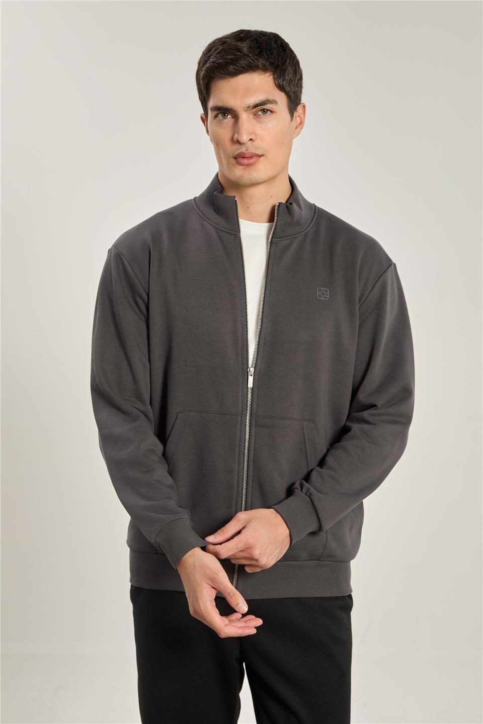 Dik yaka fermuarlı sweatshirt-1104 - Antrasit