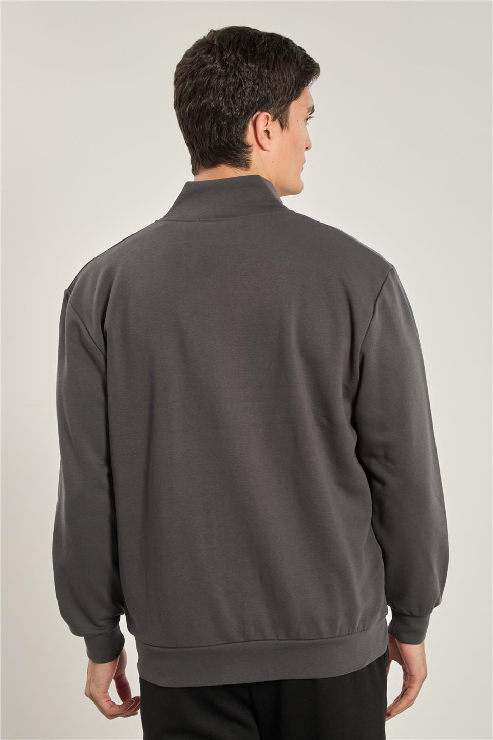 Dik yaka fermuarlı sweatshirt-1104 - Antrasit
