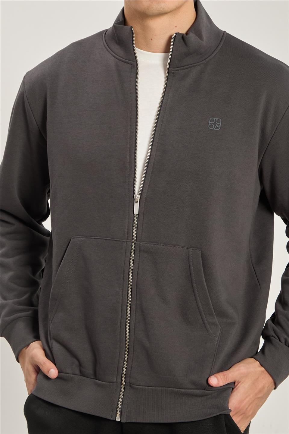 Dik yaka fermuarlı sweatshirt-1104 - Antrasit