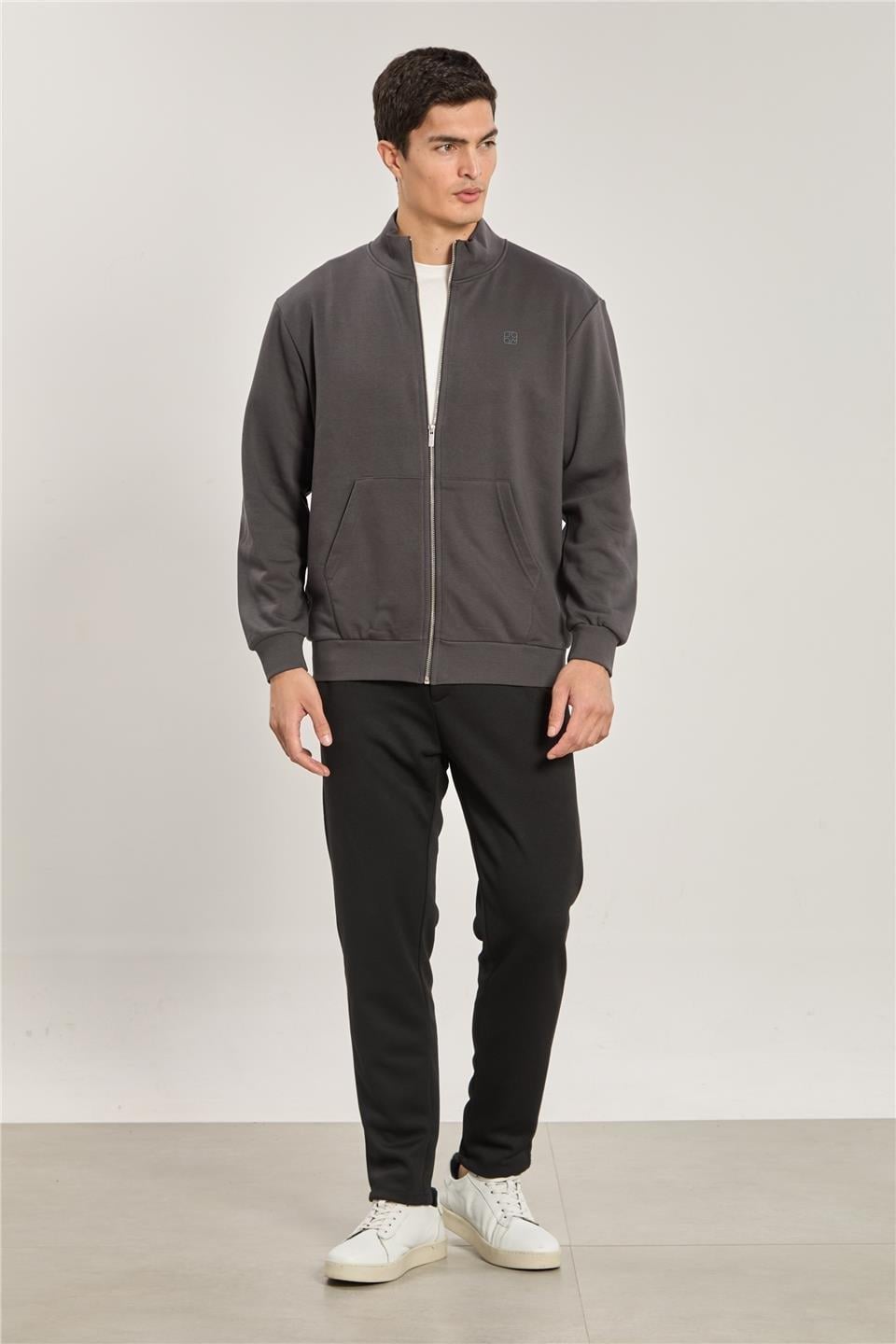 Dik yaka fermuarlı sweatshirt-1104 - Antrasit