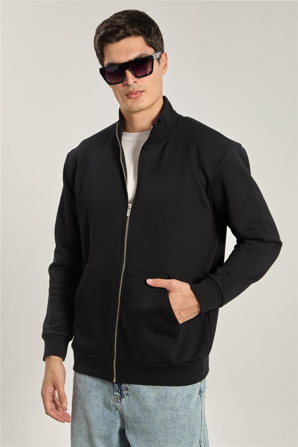 Dik yaka fermuarlı sweatshirt-1104 - Siyah