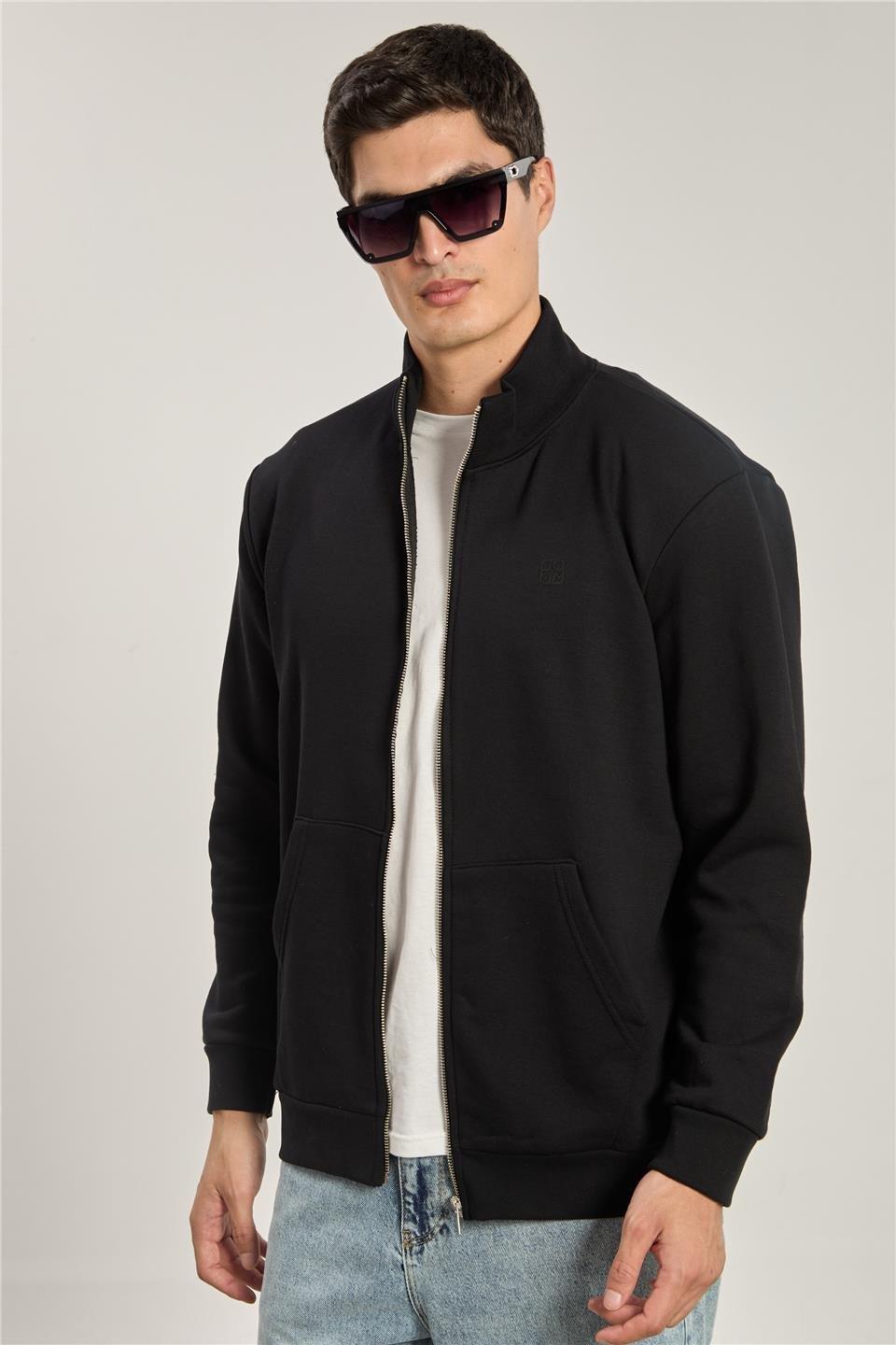 Dik yaka fermuarlı sweatshirt-1104 - Siyah