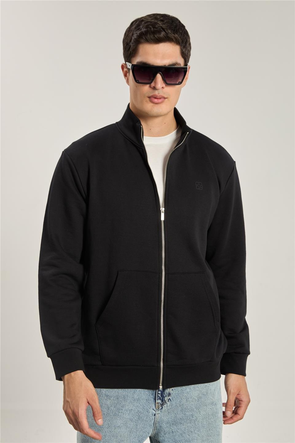Dik yaka fermuarlı sweatshirt-1104 - Siyah