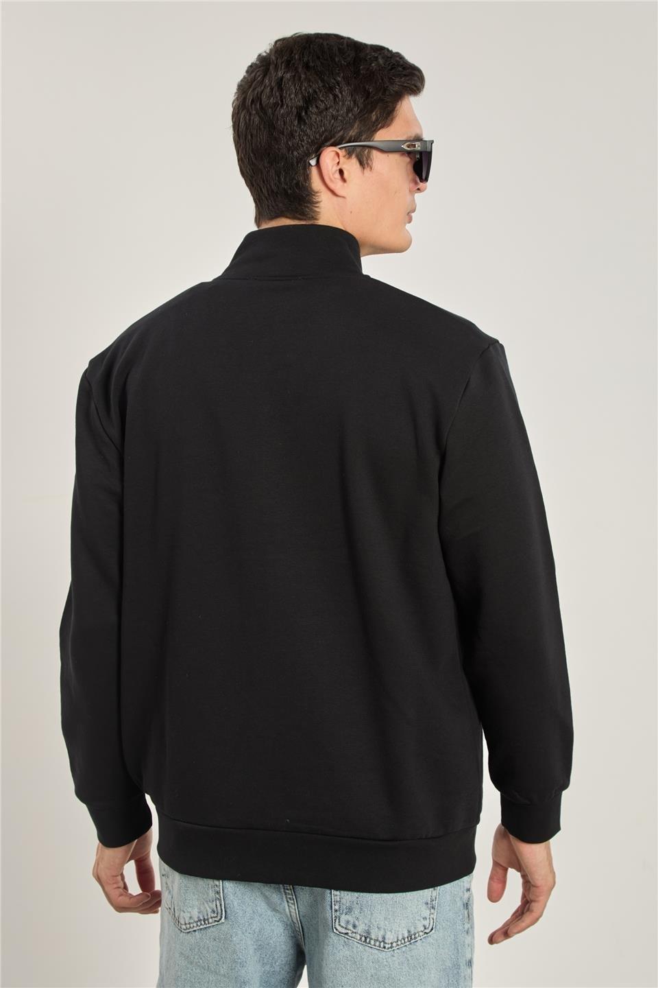 Dik yaka fermuarlı sweatshirt-1104 - Siyah