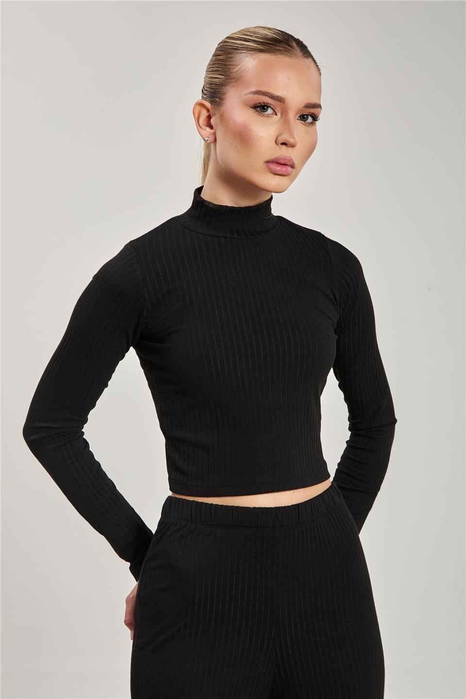 Dik yaka fitilli uzun kol crop body-609-20 - Siyah