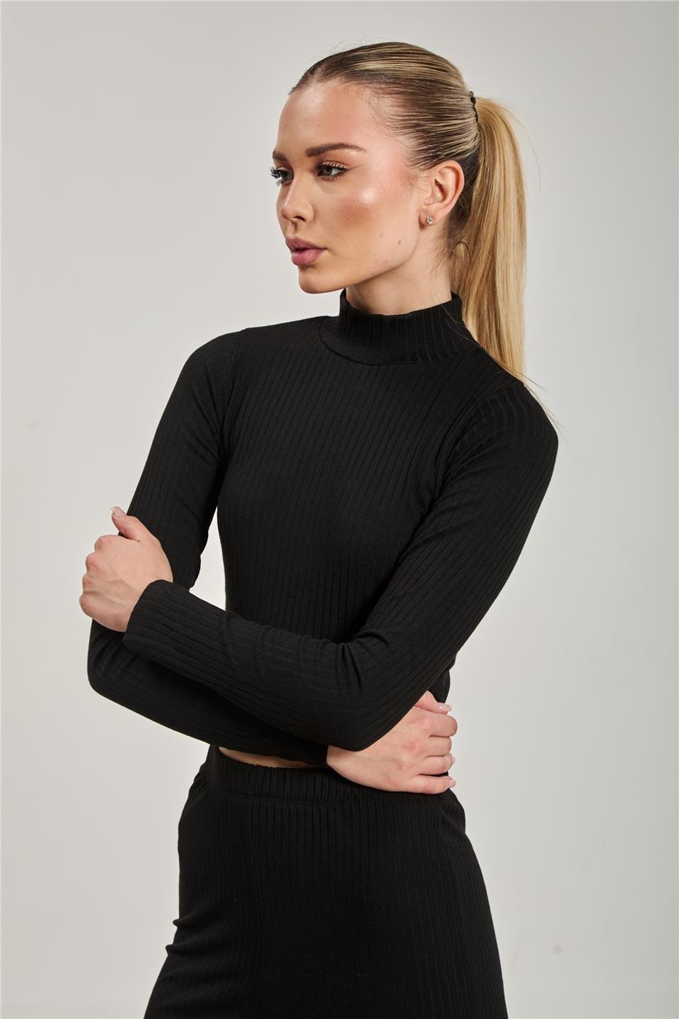 Dik yaka fitilli uzun kol crop body-609-20 - Siyah