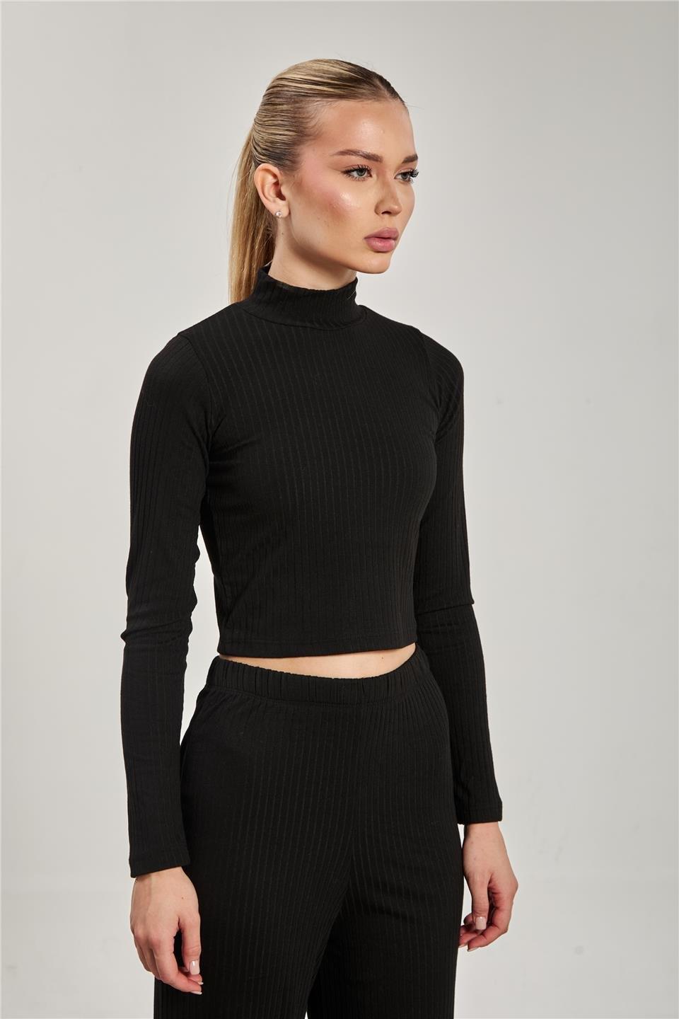 Dik yaka fitilli uzun kol crop body-609-20 - Siyah