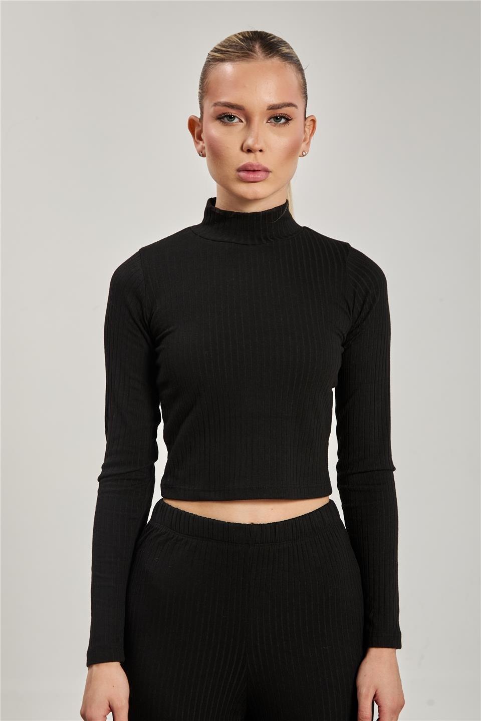 Dik yaka fitilli uzun kol crop body-609-20 - Siyah