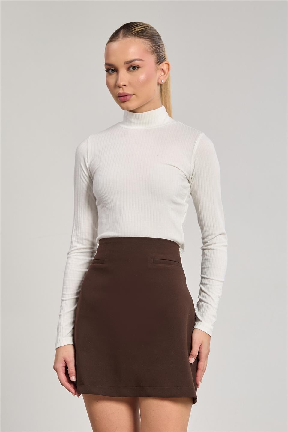 Dik yaka fitilli uzun kol crop body-609-20 - Beyaz