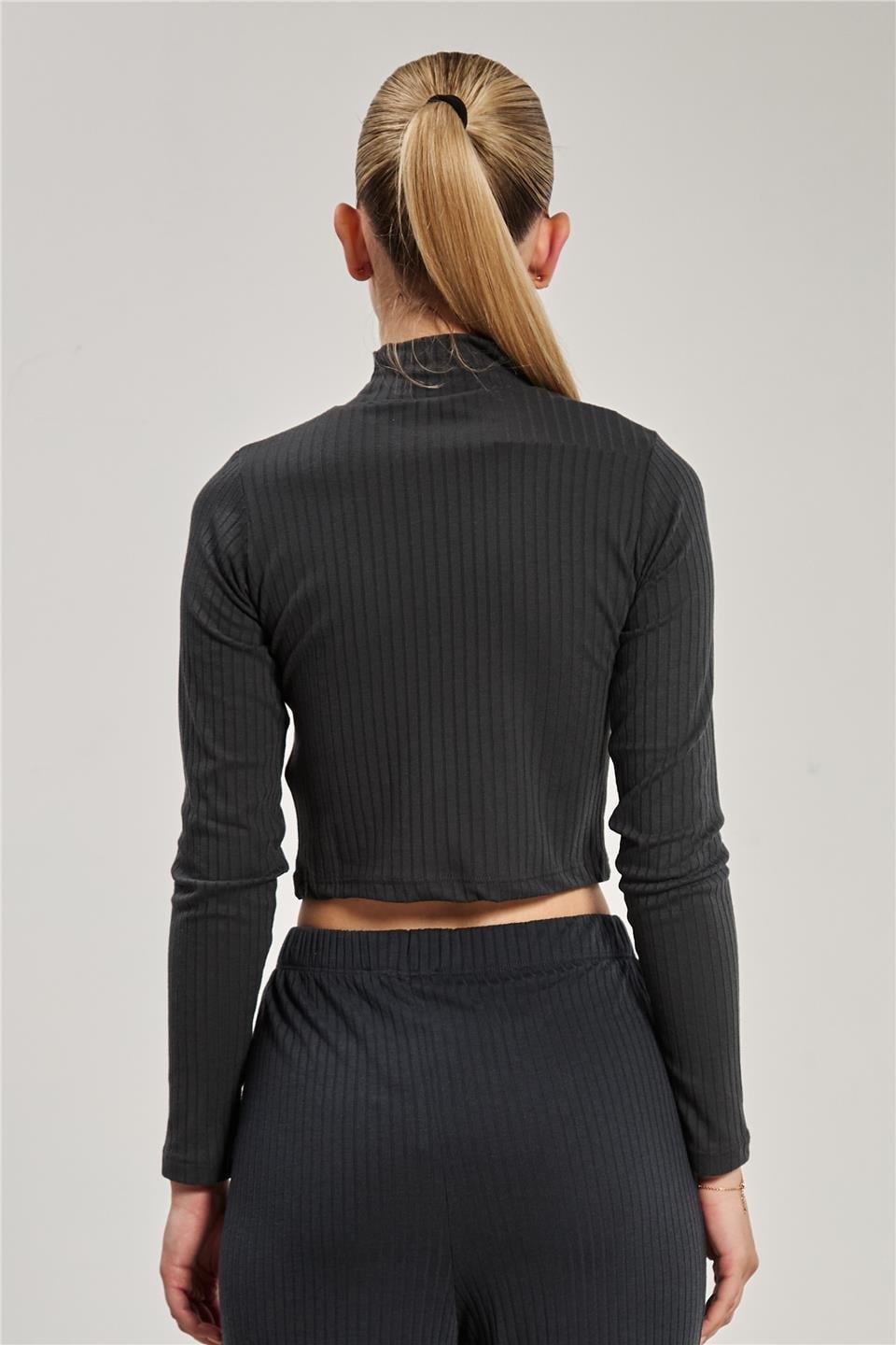 Dik yaka fitilli uzun kol crop body-609-20 - Antrasit