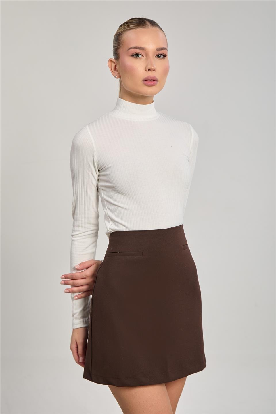 Dik yaka fitilli uzun kol crop body-609-20 - Beyaz