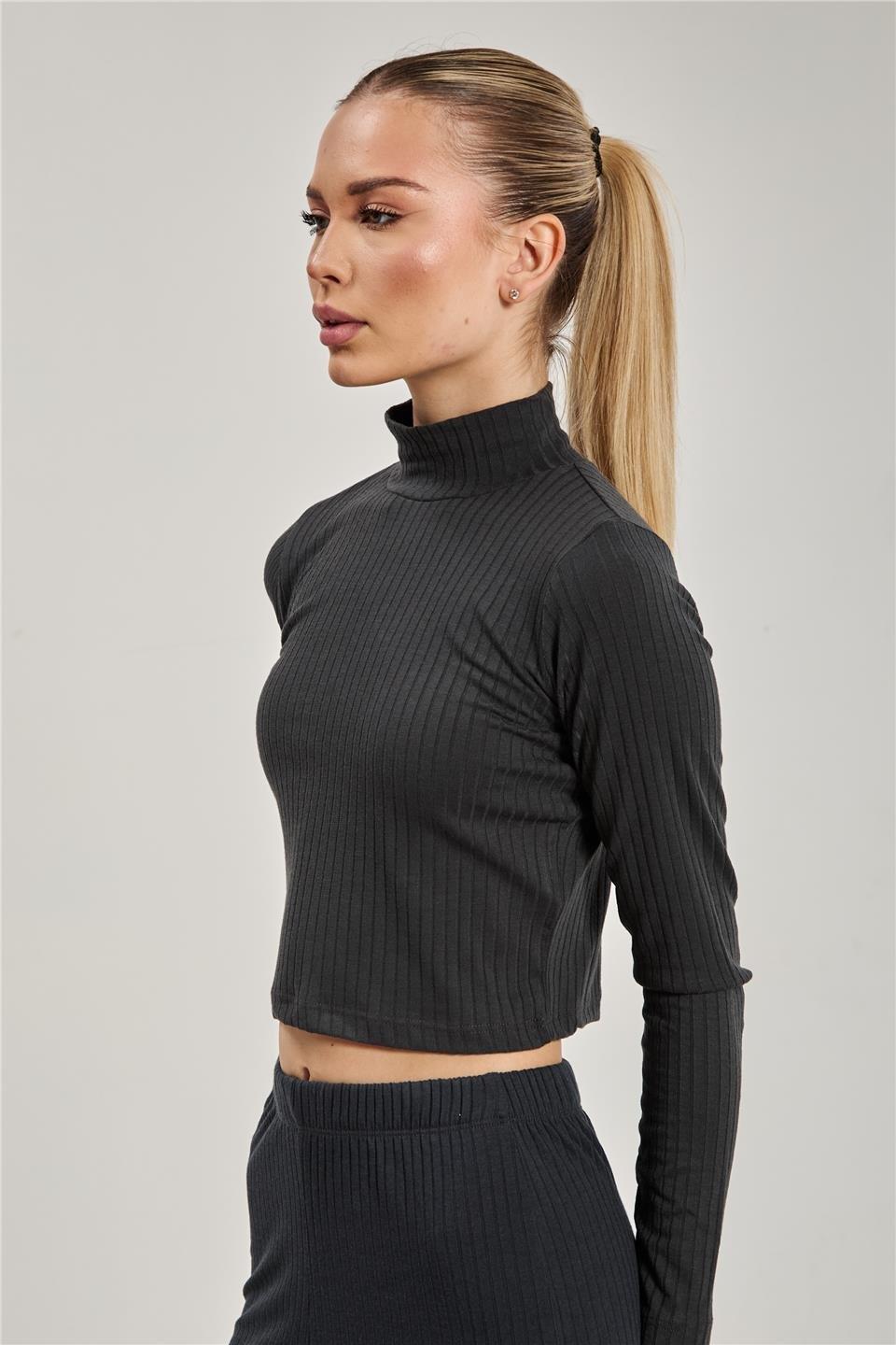 Dik yaka fitilli uzun kol crop body-609-20 - Antrasit