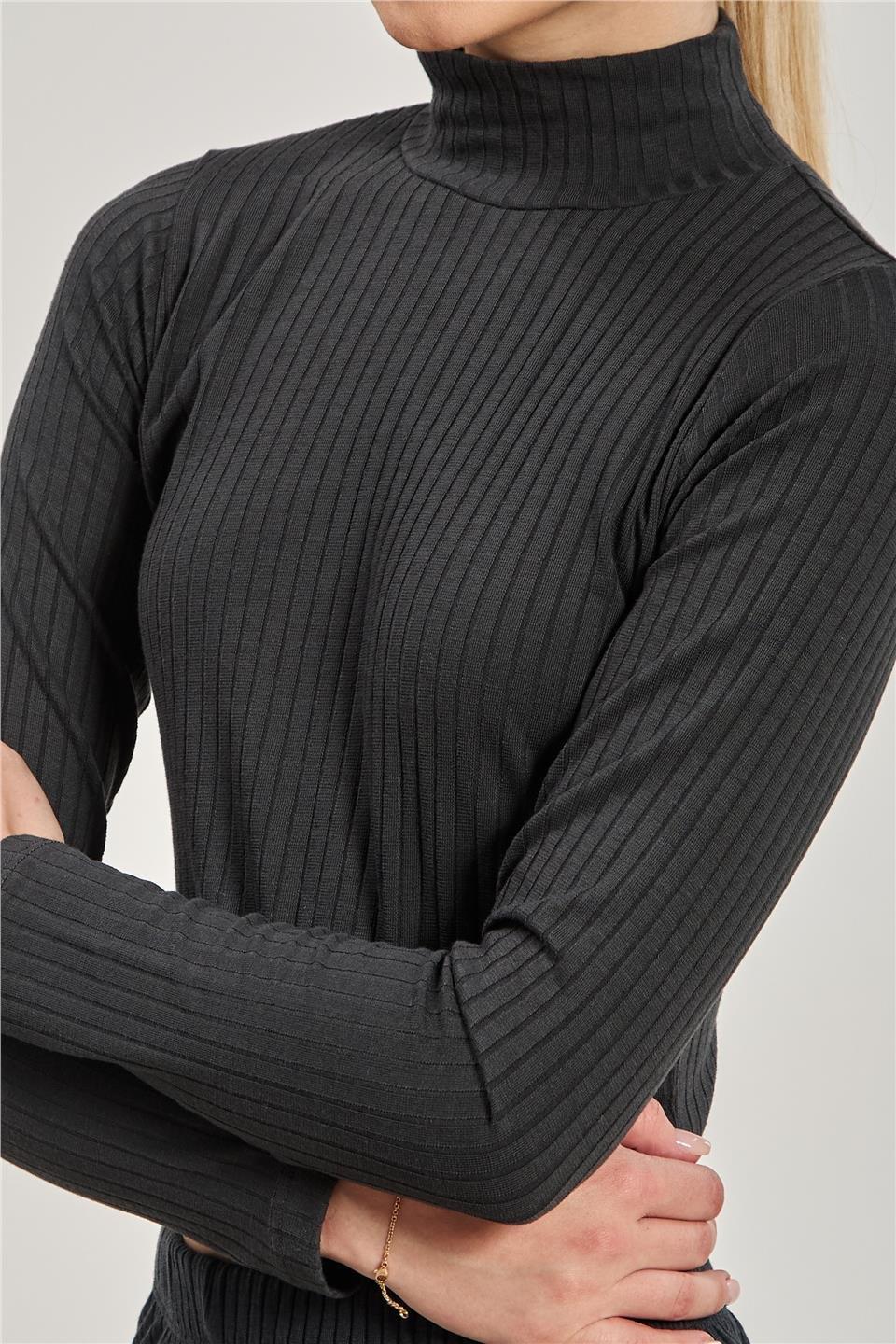 Dik yaka fitilli uzun kol crop body-609-20 - Antrasit
