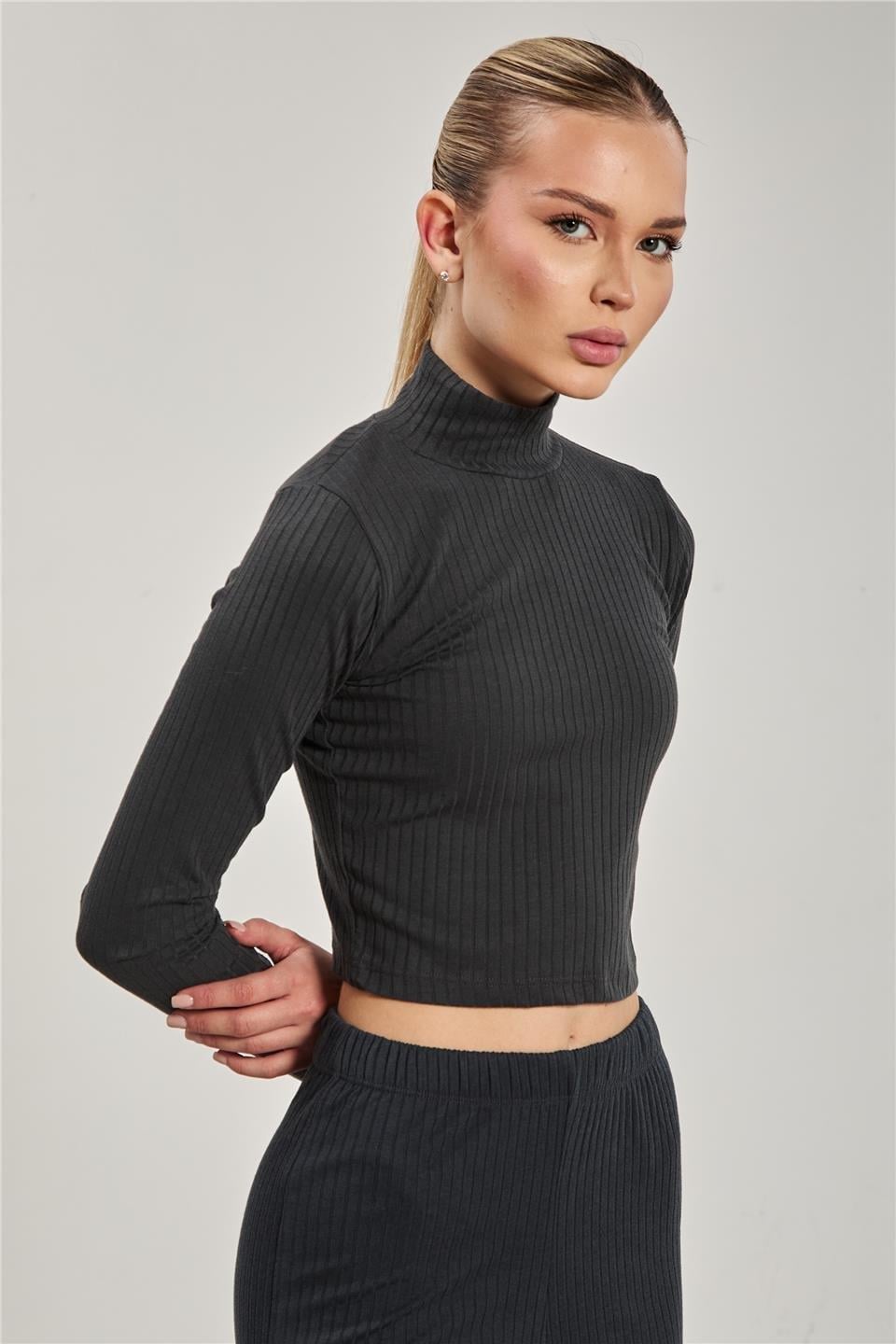 Dik yaka fitilli uzun kol crop body-609-20 - Antrasit