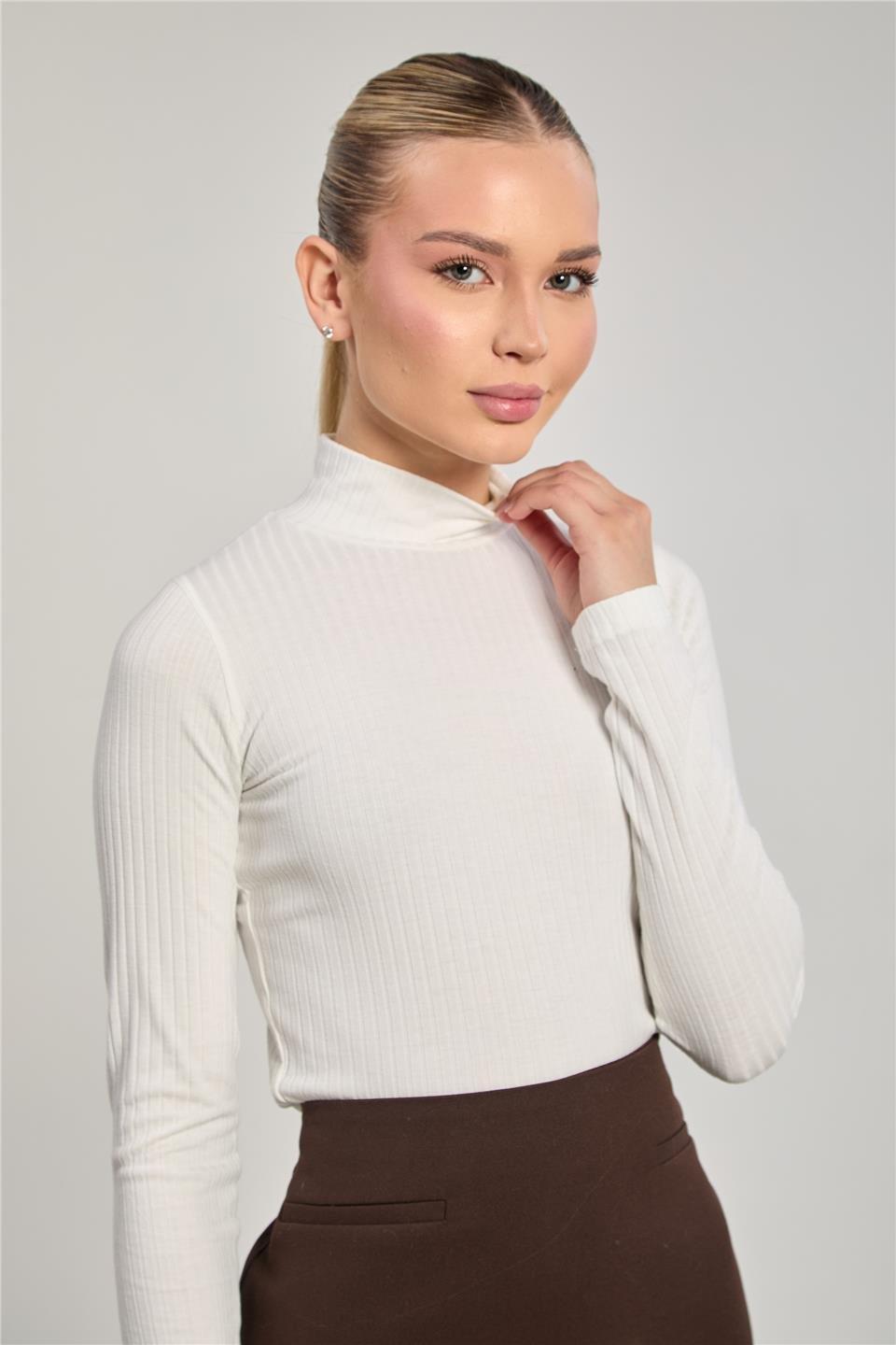 Dik yaka fitilli uzun kol crop body-609-20 - Beyaz