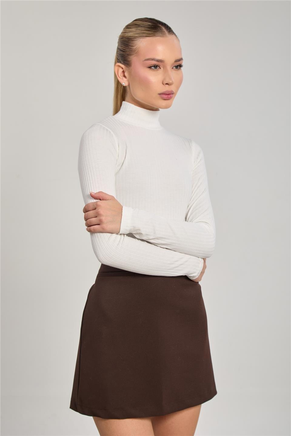 Dik yaka fitilli uzun kol crop body-609-20 - Beyaz