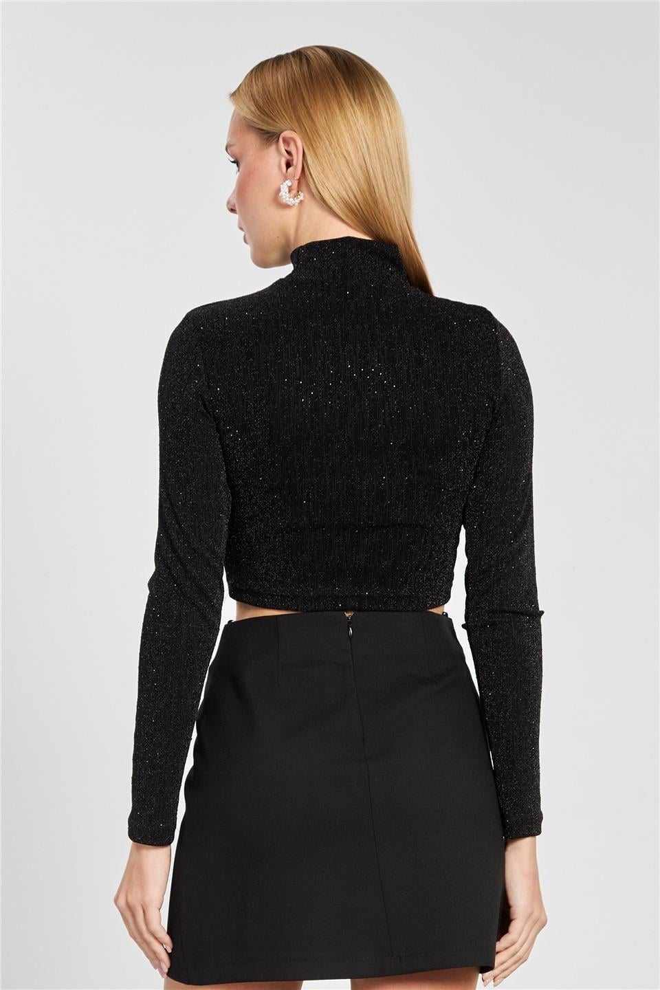 Dik yaka pencere detay bluz-2671 - Siyah