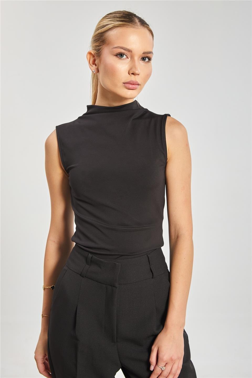 Dik yaka sıfır kol body-10645 - Siyah