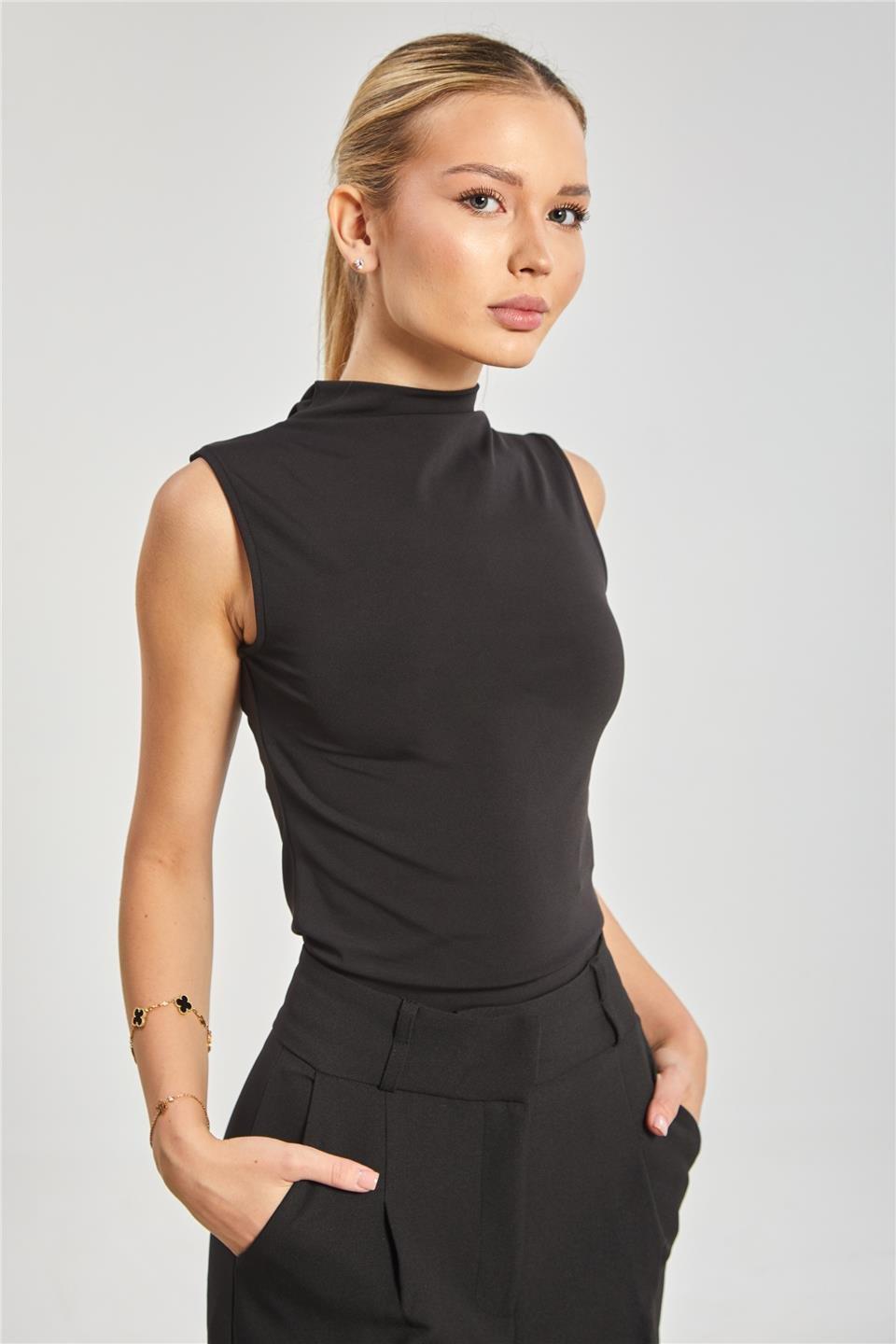 Dik yaka sıfır kol body-10645 - Siyah