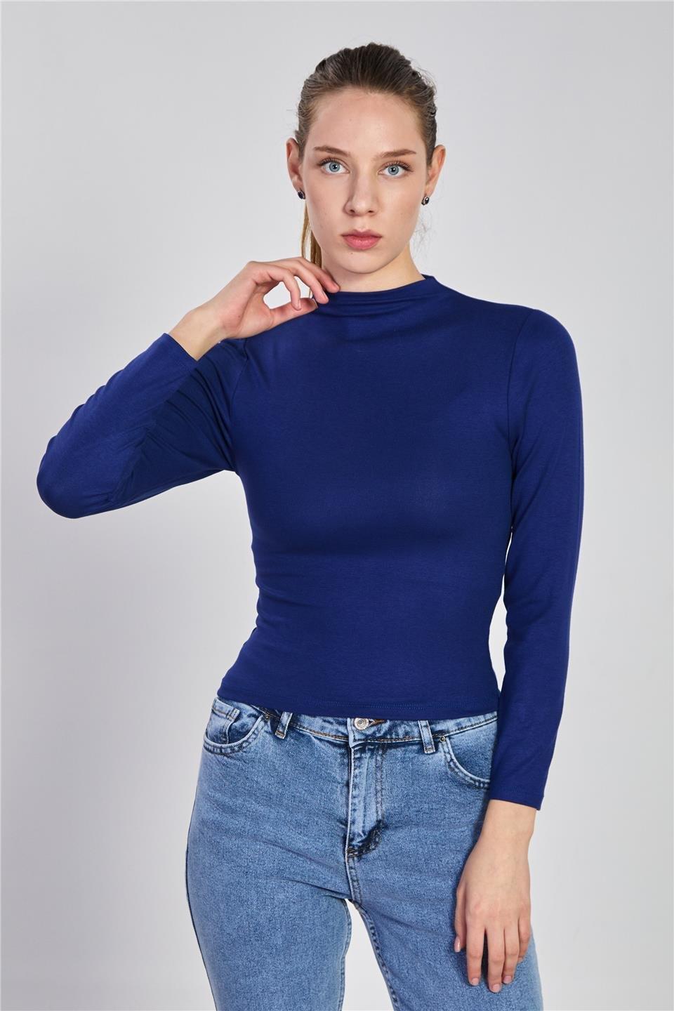 Dik yaka uzun kol body-6493 - Lacivert