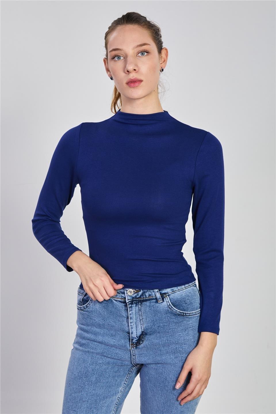 Dik yaka uzun kol body-6493 - Lacivert
