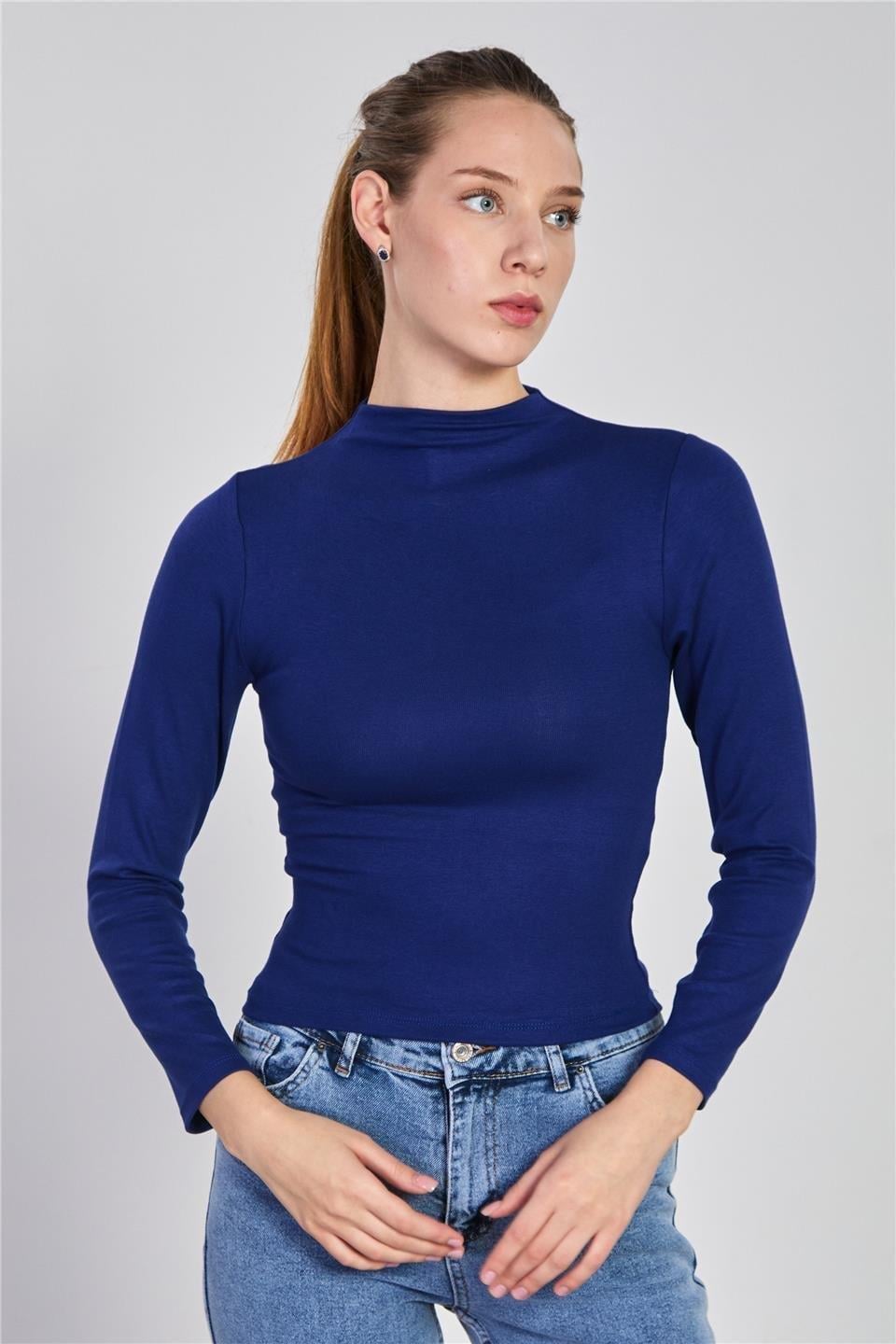Dik yaka uzun kol body-6493 - Lacivert