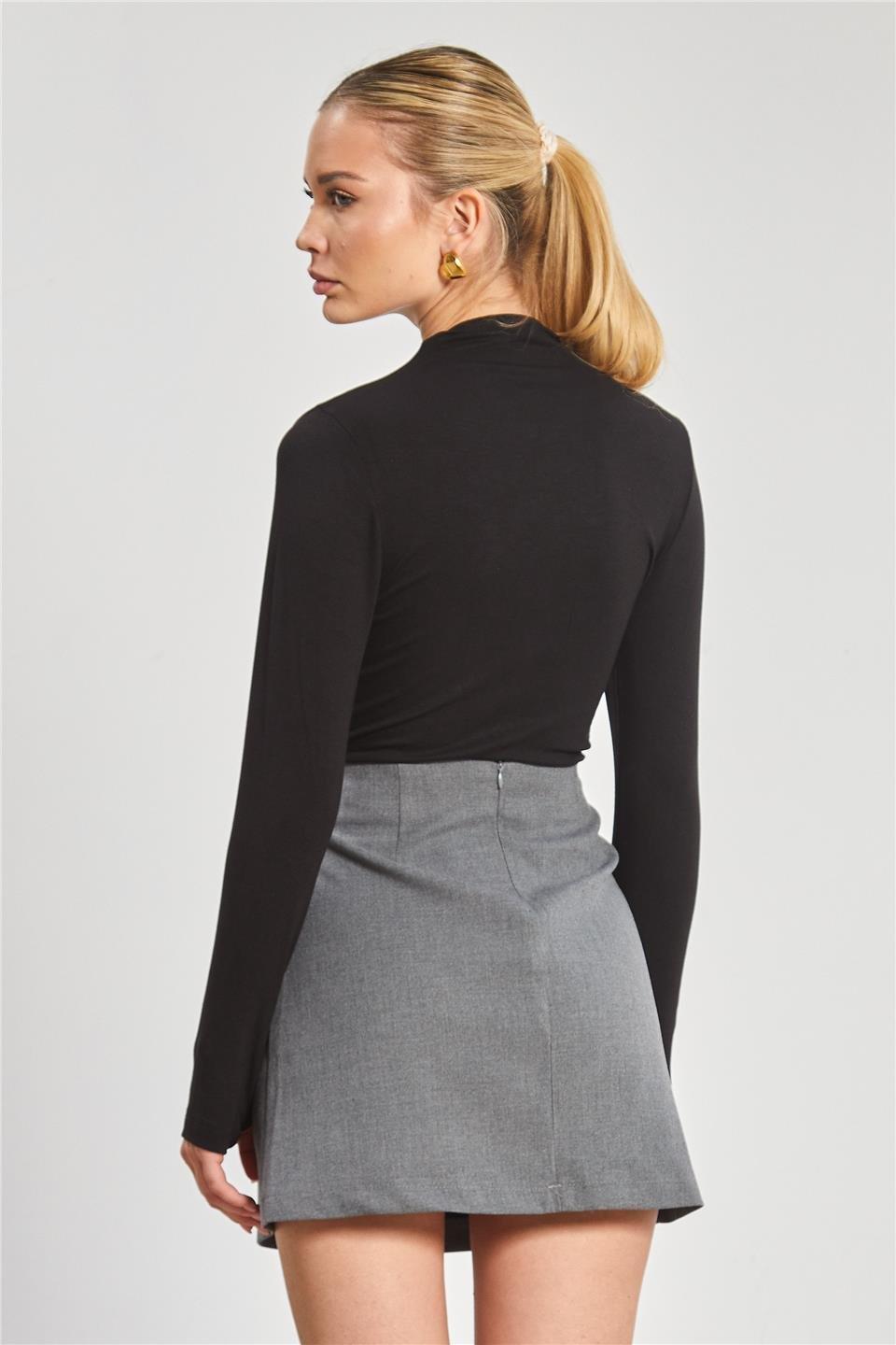 Dik yaka uzun kol body-6493 - Siyah
