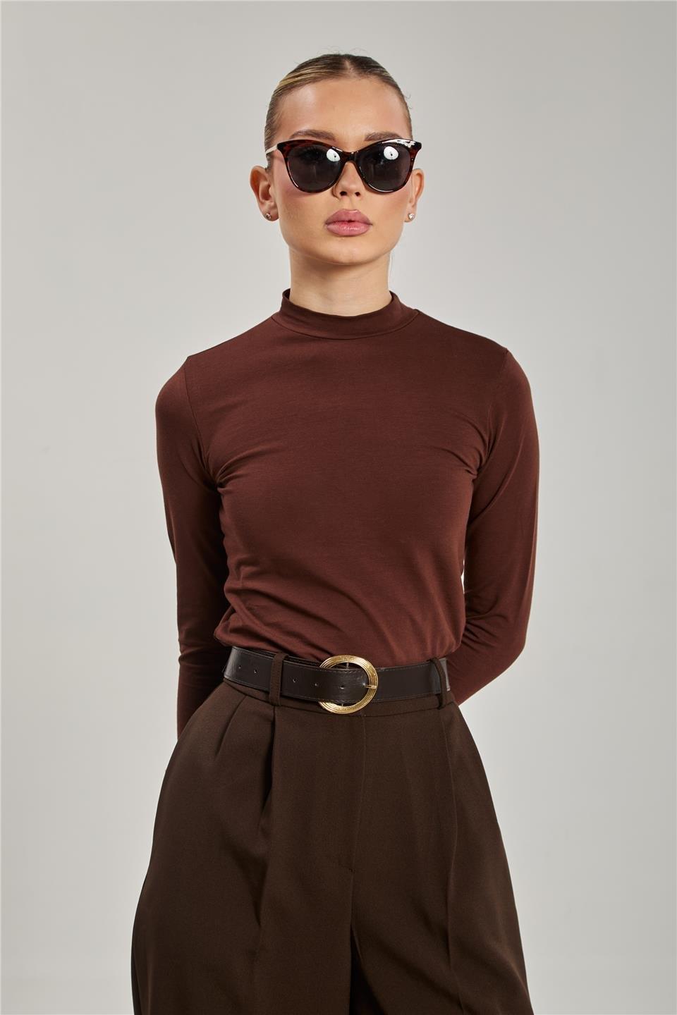 Dik yaka uzun kollu body-156-04 - Acı Kahve